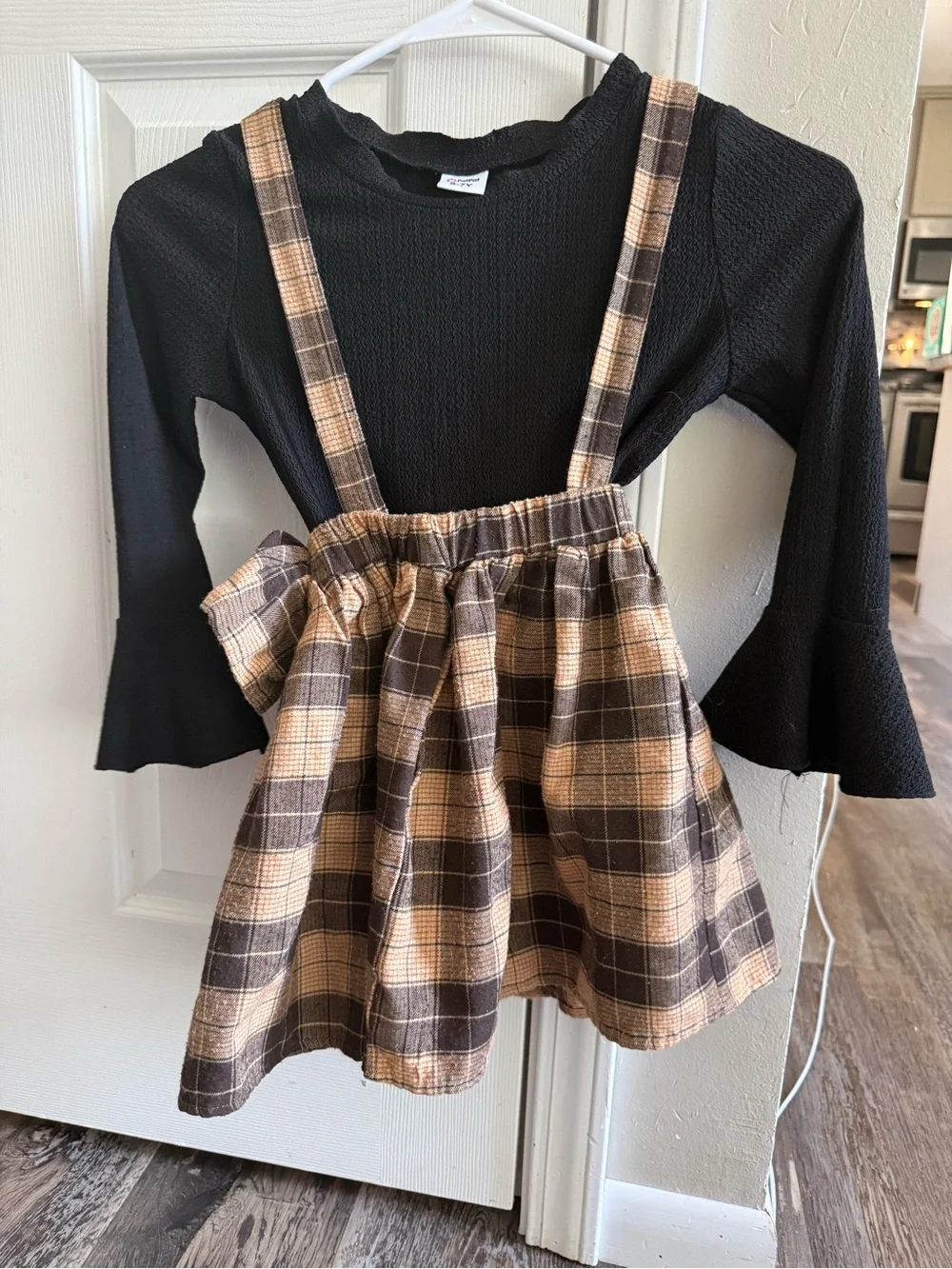 Girls Plaid Suspender Skirt with Black Textured Top